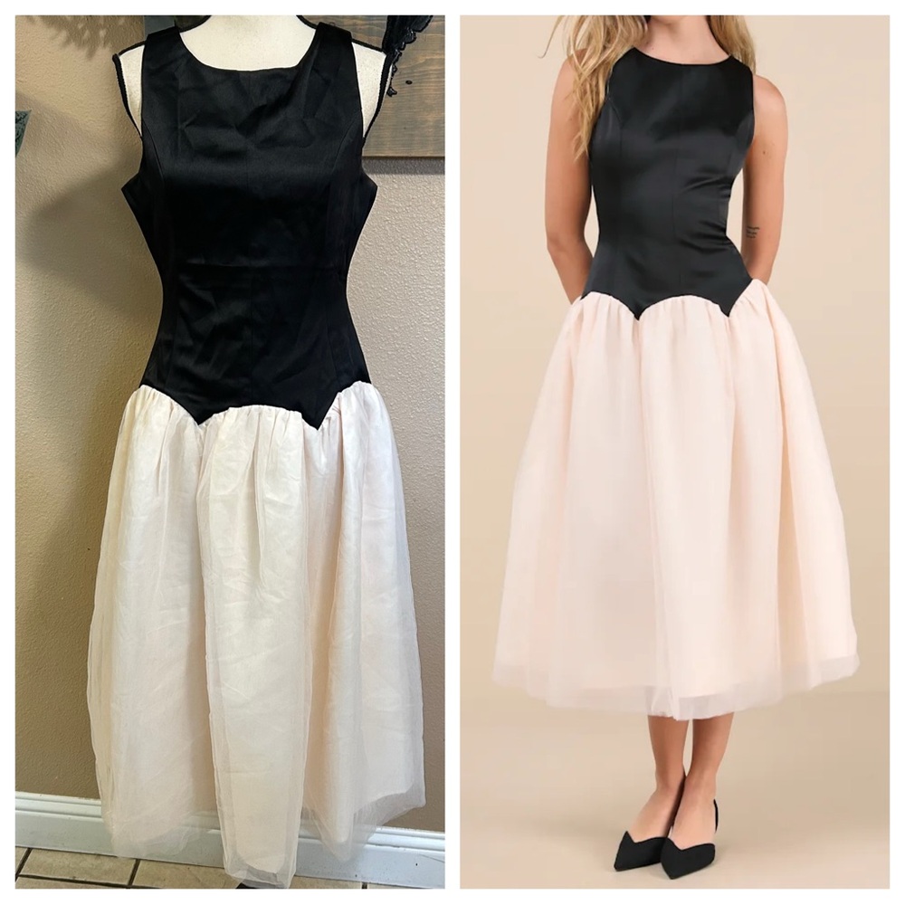 NWT Contemporary Elegance Black and Cream Satin Tulle Midi Dress